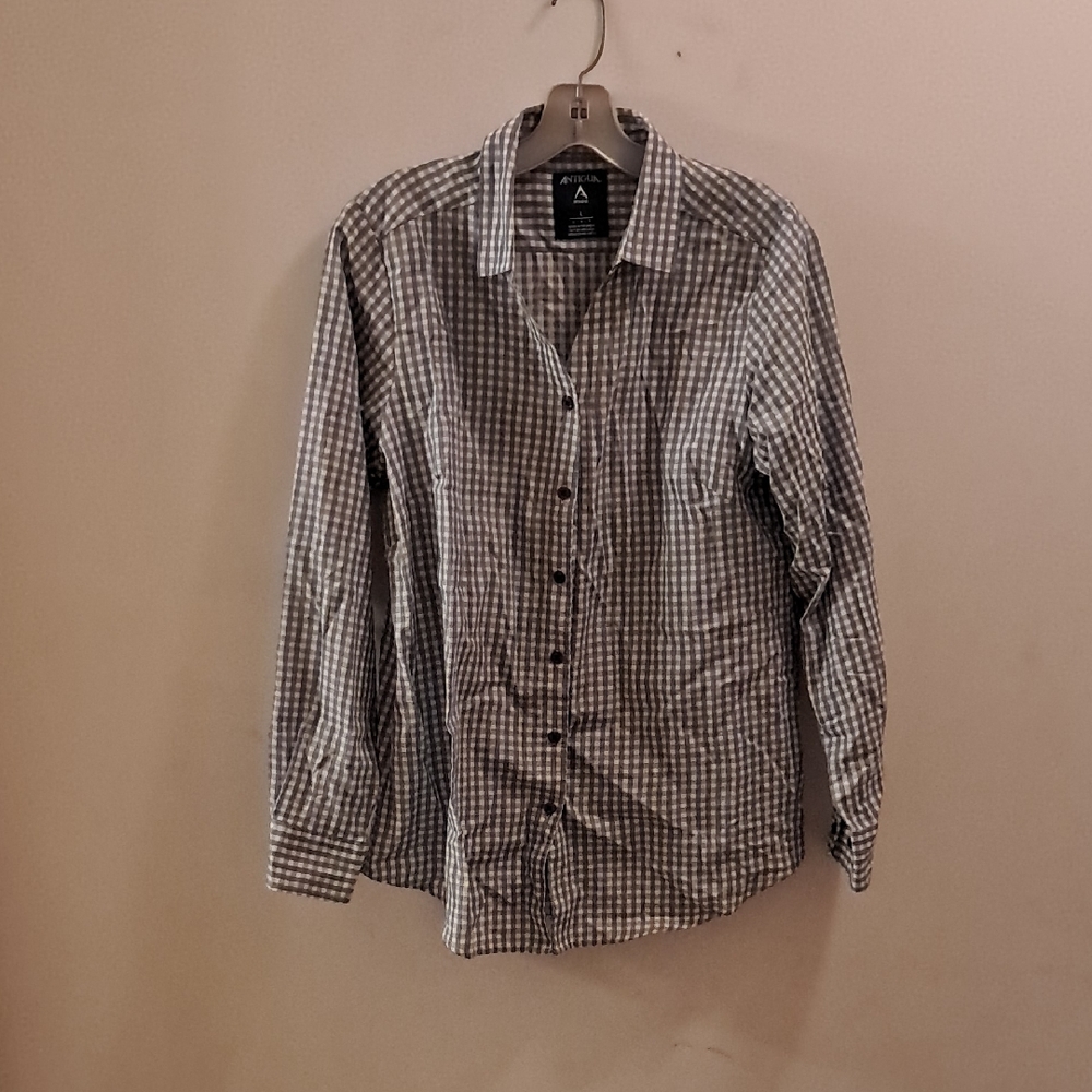 Antigua Shirt Women's Large L Blue White Plaid Checkered Classic Button Down